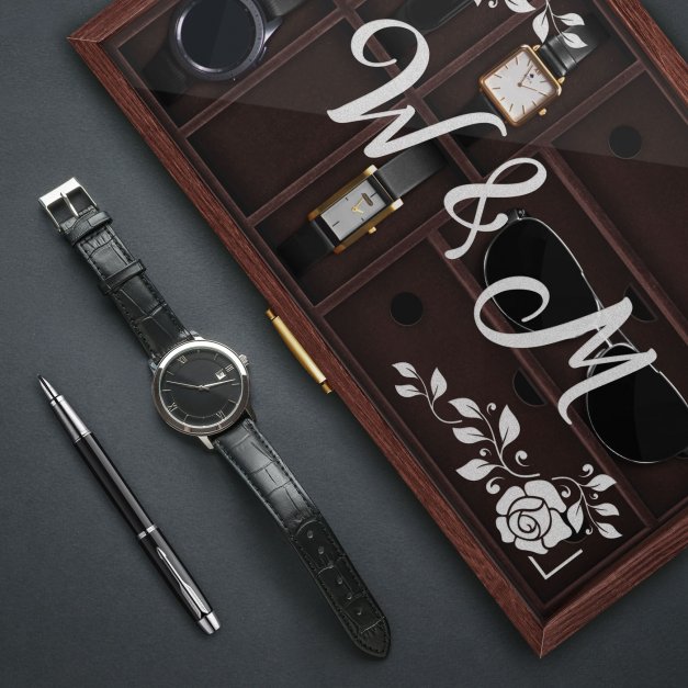 Szkatułka brązowa na zegarki i okulary z grawerem dla pary na ślub rocznicę parapetówkę