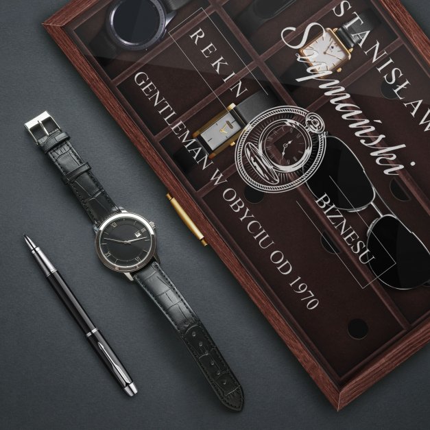Szkatułka brązowa na zegarki i okulary z grawerem dla gentlemana na urodziny
