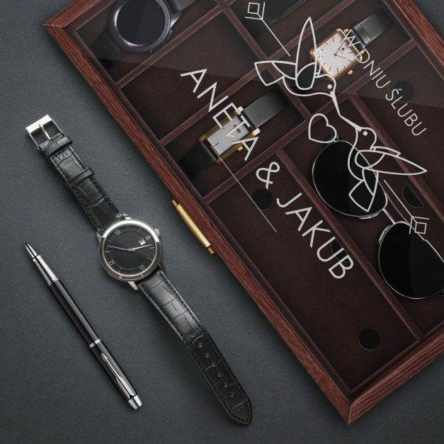 Szkatułka brązowa na zegarki i okulary z grawerem dla pary na ślub