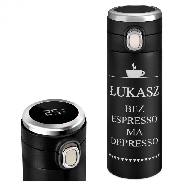 Kubek termiczny termos czarny z wyświetlaczem LED i grawerem dla kawosza na imieniny