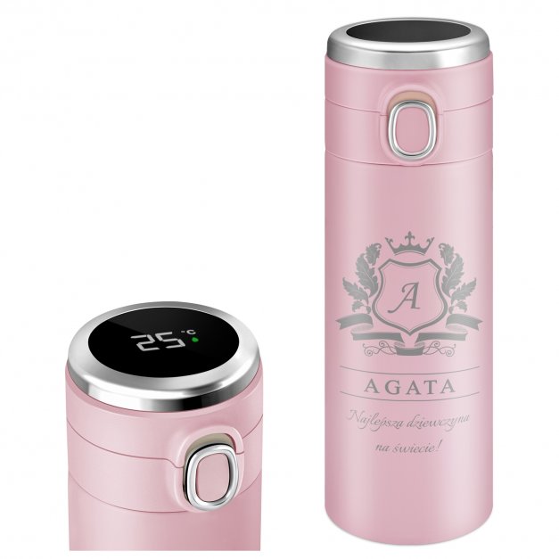 Kubek termiczny różowy z wyświetlaczem LED i grawerem dla dziewczyny na imieniny na walentynki imieniny