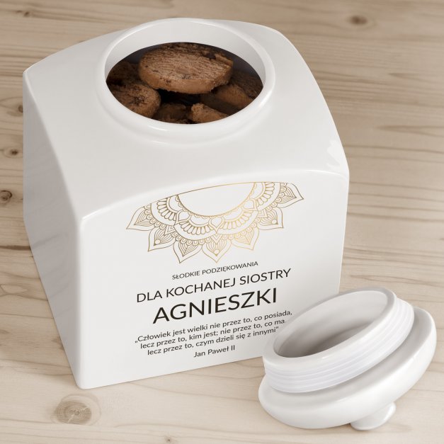 Słoik ceramiczny na ciastka z nadrukiem dla siostry świadkowej jako podziękowanie ślubne