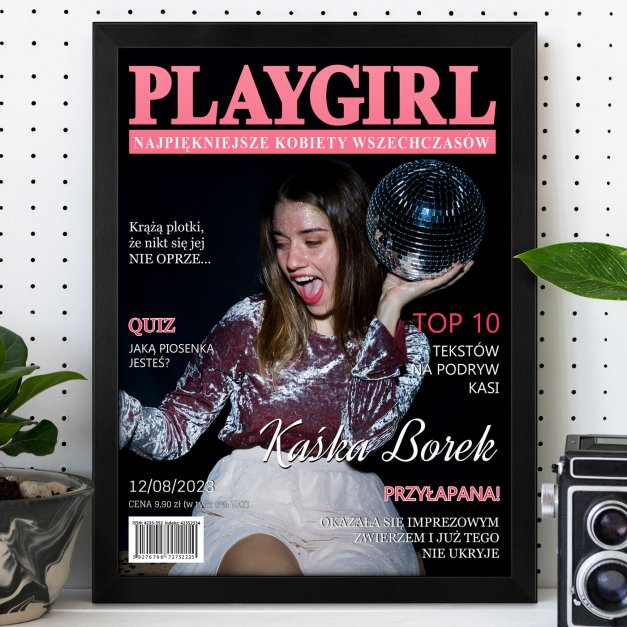 Plakat personalizowany ze zdjęciem Playgirl w ramce z nadrukiem dla imprezowiczki