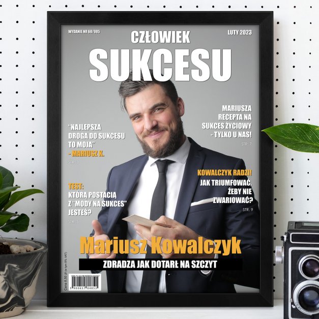 Plakat personalizowany ze zdjęciem Człowiek Sukcesu w ramce z nadrukiem dla niego z okazji awansu w pracy