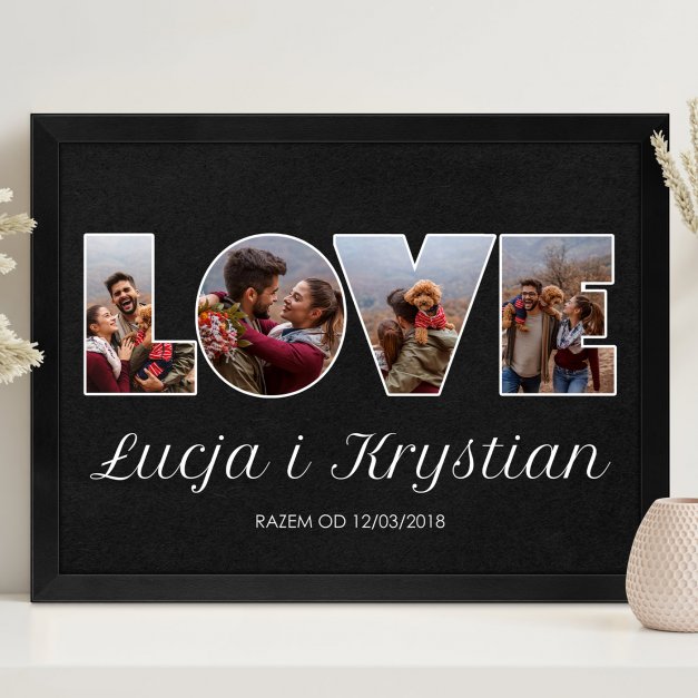 Plakat personalizowany kolaż zdjęć w ramce z nadrukiem dla pary na ślub rocznicę parapetówkę