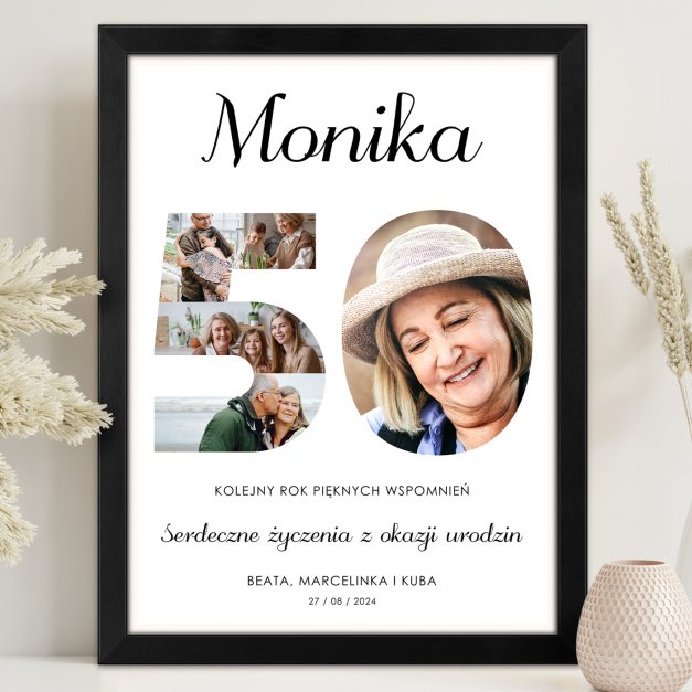 Plakat personalizowany kolaż zdjęć w ramce z nadrukiem dla niej na 50 urodziny