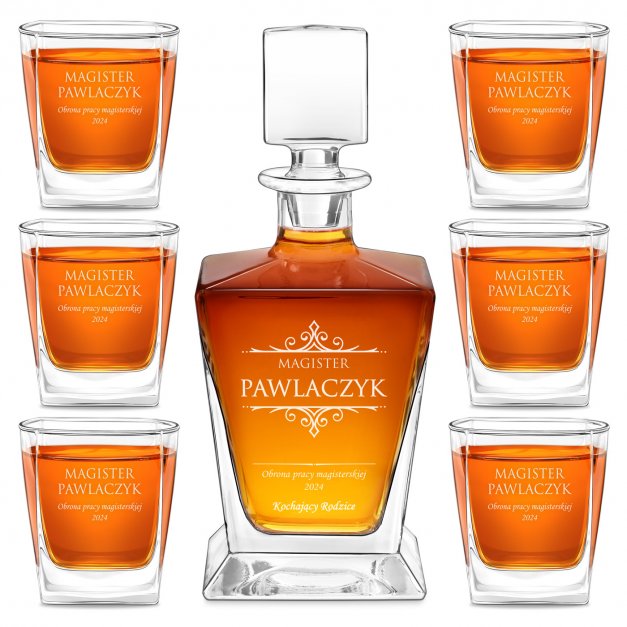 Karafka do whisky pyramid z 6 szklankami capitol i grawerem dla magistra