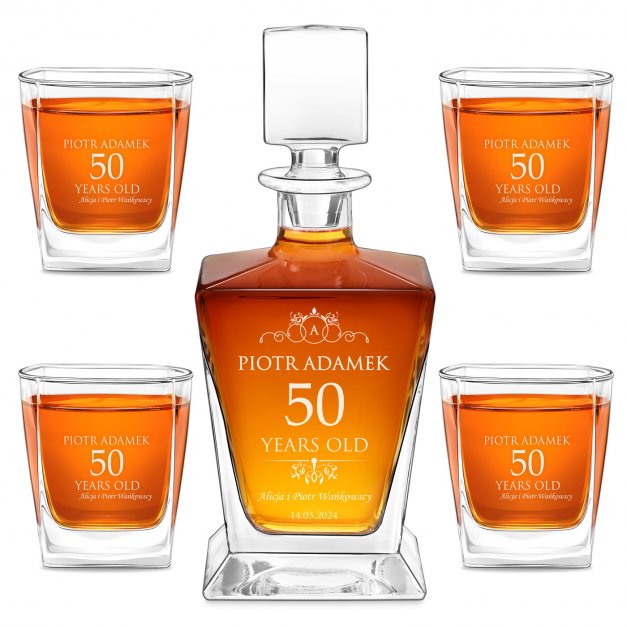 Karafka do whisky pyramid z 4 szklankami capitol i grawerem dla niego na 50 urodziny