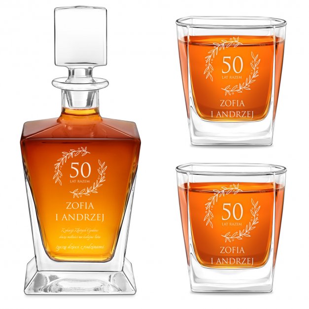 Karafka do whisky pyramid z 2 szklankami capitol i grawerem dla pary na 50 rocznicę ślubu