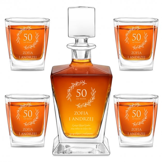 Karafka do whisky pyramid z 4 szklankami capitol i grawerem dla pary na 50 rocznicę ślubu