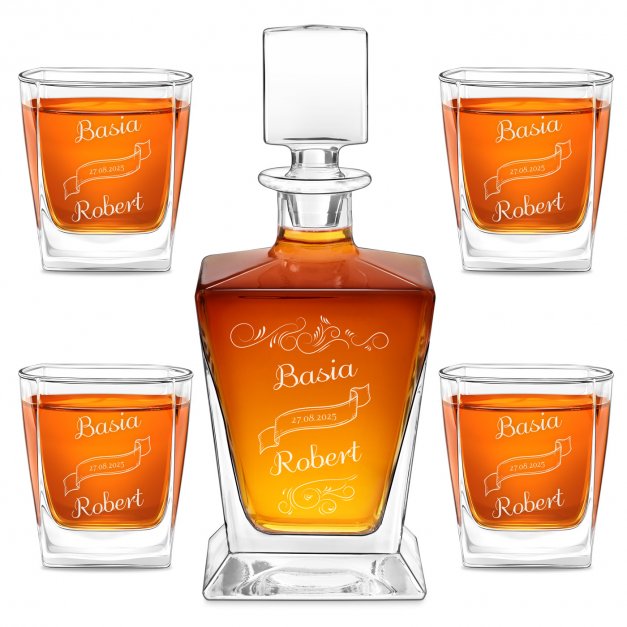 Karafka do whisky pyramid z 4 szklankami capitol i grawerem dla pary na ślub rocznicę parapetówkę