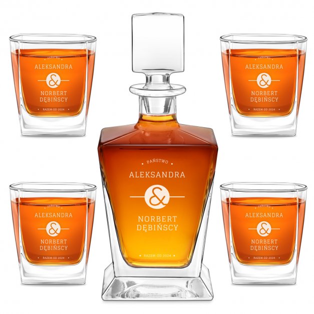 Karafka do whisky pyramid z 4 szklankami capitol i grawerem dla pary na ślub rocznicę parapetówkę