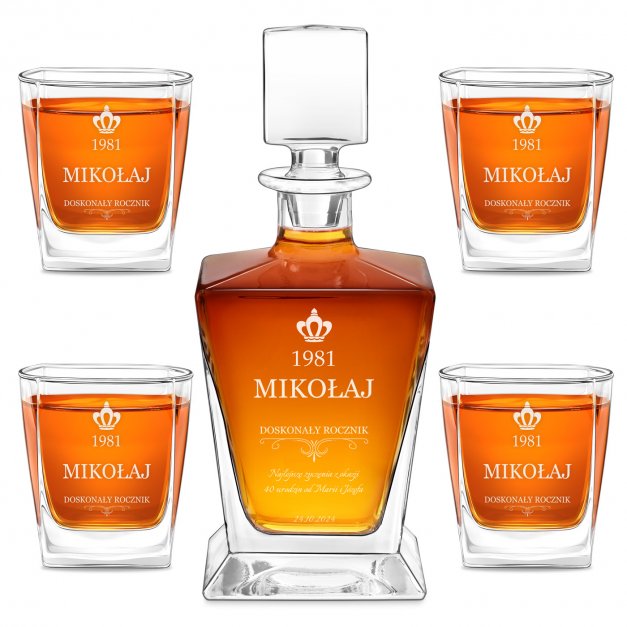 Karafka do whisky pyramid z 4 szklankami capitol i grawerem dla gentlemana na 40 urodziny