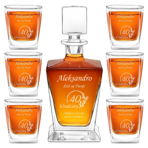 Karafka do whisky pyramid z 6 szklankami capitol i grawerem dla niej na 40 urodziny