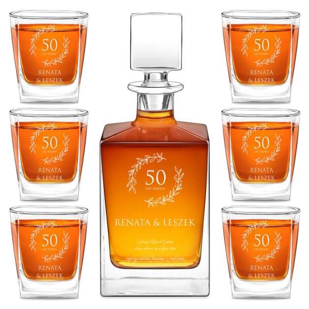 Karafka do whisky cube z 6 szklankami i grawerem dla pary na 50 rocznicę ślubu