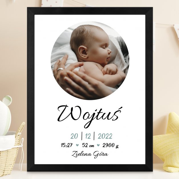 Plakat personalizowany ze zdjęciem w ramce z nadrukiem dla chłopca z okazji narodzin