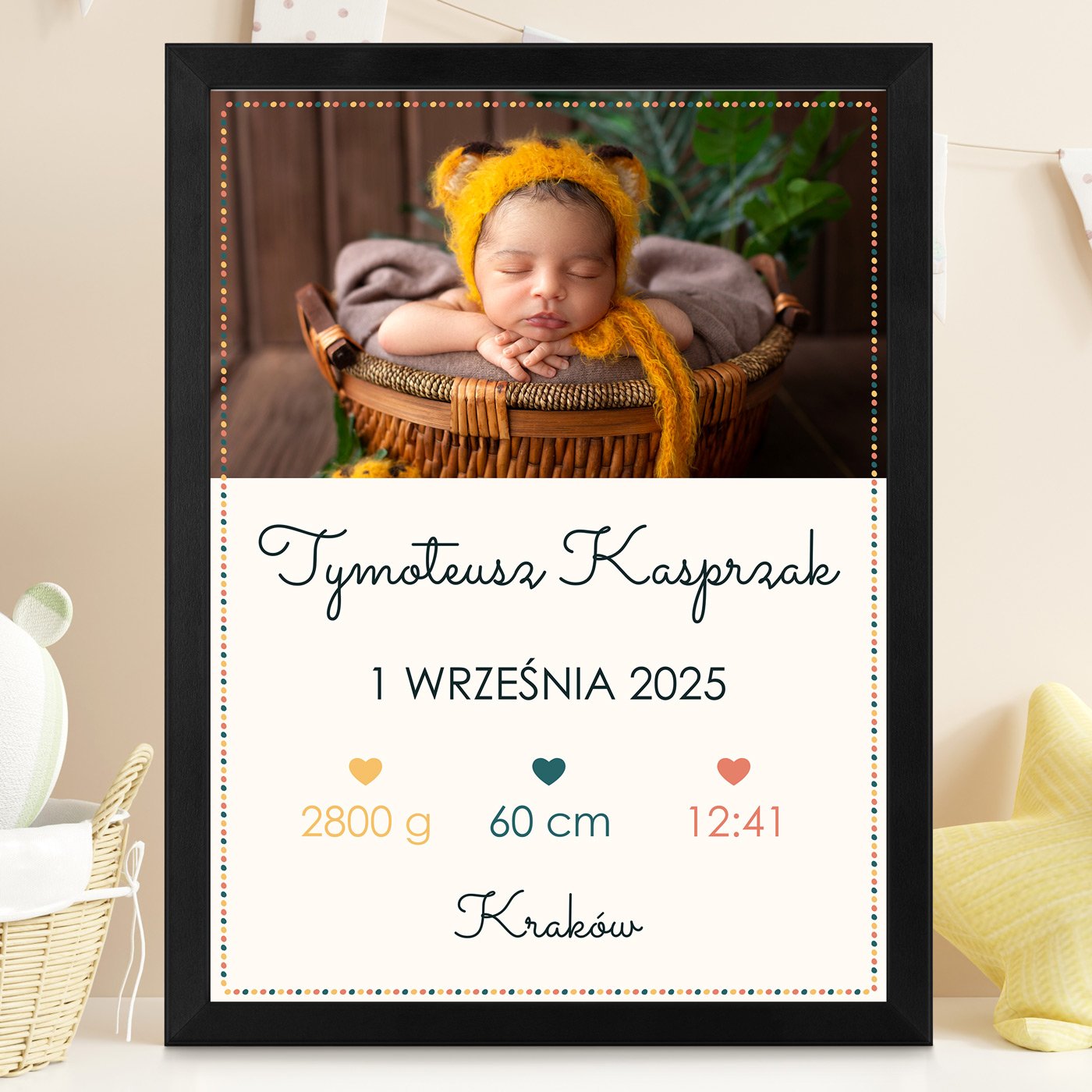 Plakat personalizowany ze zdjciem w ramce z nadrukiem dla chopca z okazji narodzin