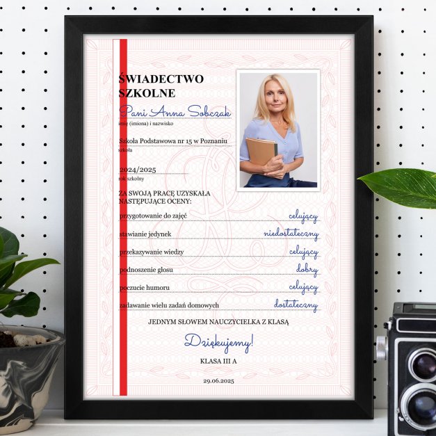 Plakat personalizowany ze zdjęciem świadectwo szkolne w ramce z nadrukiem dla wychowawczyni nauczycielki