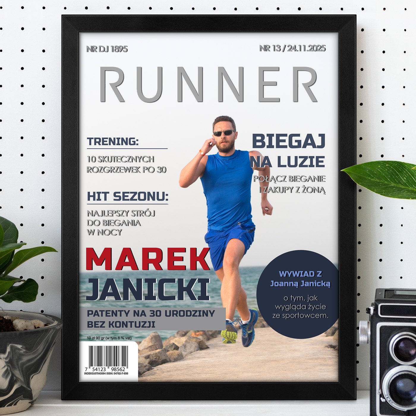 Plakat personalizowany ze zdjciem Runner w ramce z nadrukiem dla biegacza ma na 30 urodziny
