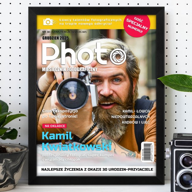 Plakat personalizowany ze zdjęciem Photo w ramce z nadrukiem dla fotografa chłopaka na 30 urodziny