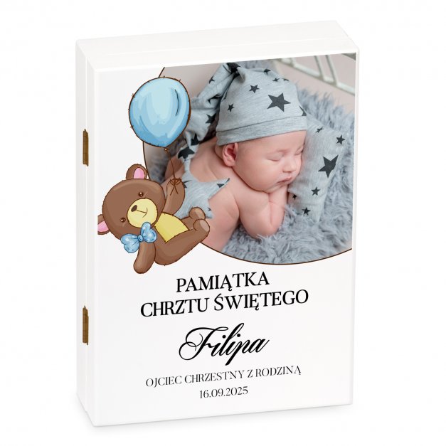 Sztućce dla dzieci zestaw w drewnianym etui z Twoim zdjęciem i nadrukiem dla chłopca na chrzest