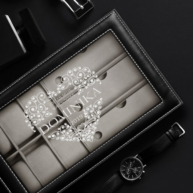 Szkatułka czarna na zegarki i okulary z grawerem dla dziewczyny żony na walentynki