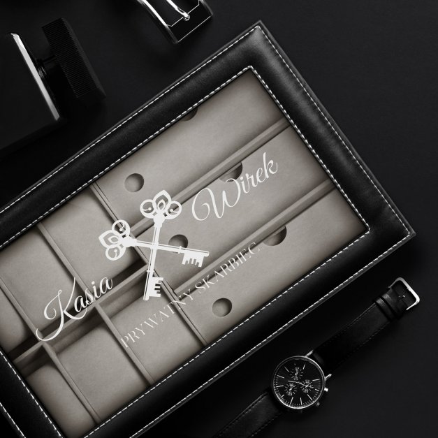 Szkatułka czarna na zegarki i okulary z grawerem dla pary na ślub rocznicę parapetówkę