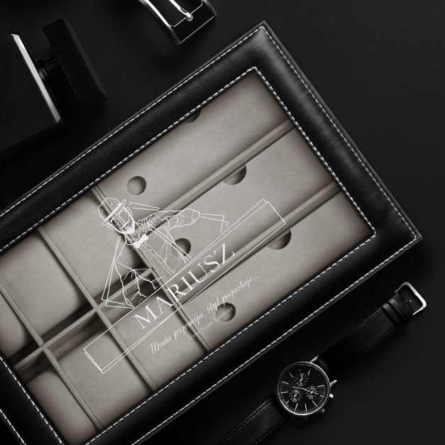 Szkatułka czarna na zegarki i okulary z grawerem dla gentlemana na imieniny