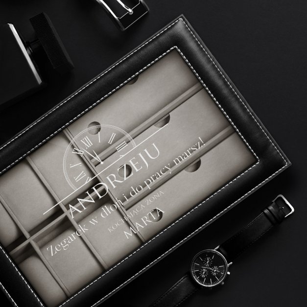 Szkatułka czarna na zegarki i okulary z grawerem dla męża na imieniny
