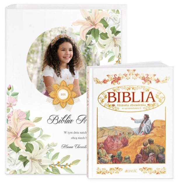 Biblia w etui z nadrukiem i Twoim zdjęciem dla dziewczynki na komunię