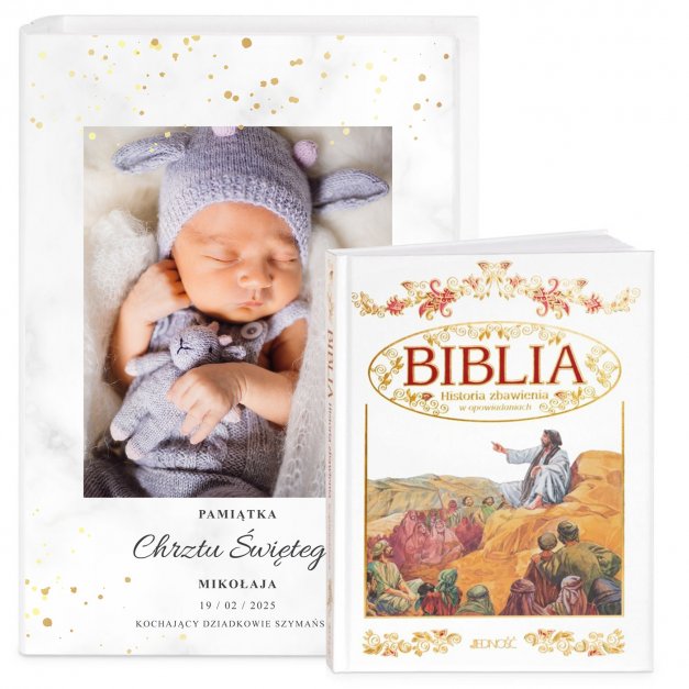Biblia w etui z nadrukiem i Twoim zdjęciem dla chłopca na chrzest