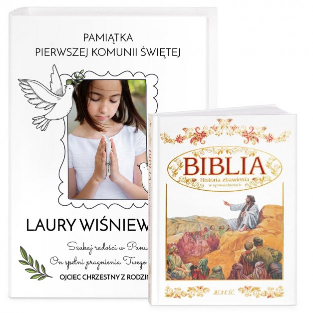 Biblia w etui z nadrukiem i Twoim zdjęciem dla dziewczynki na komunię