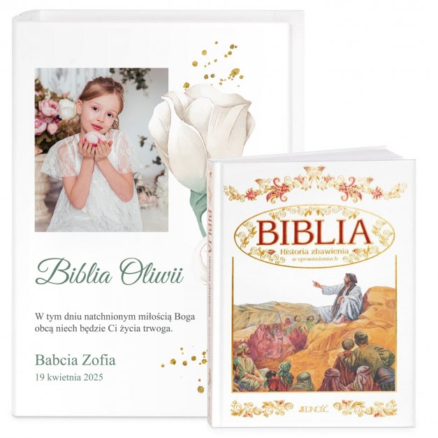 Biblia w etui z nadrukiem i Twoim zdjęciem dla dziewczynki na komunię