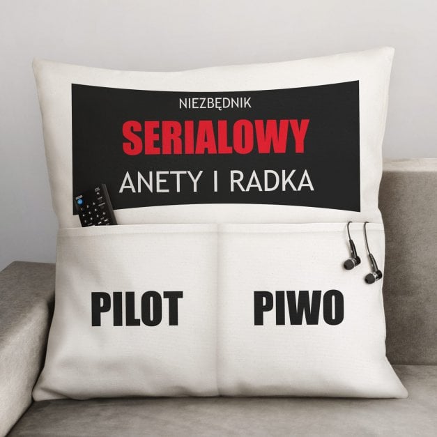 Poduszka z kieszeniami z nadrukiem dla kinomana dla pary na parapetówkę