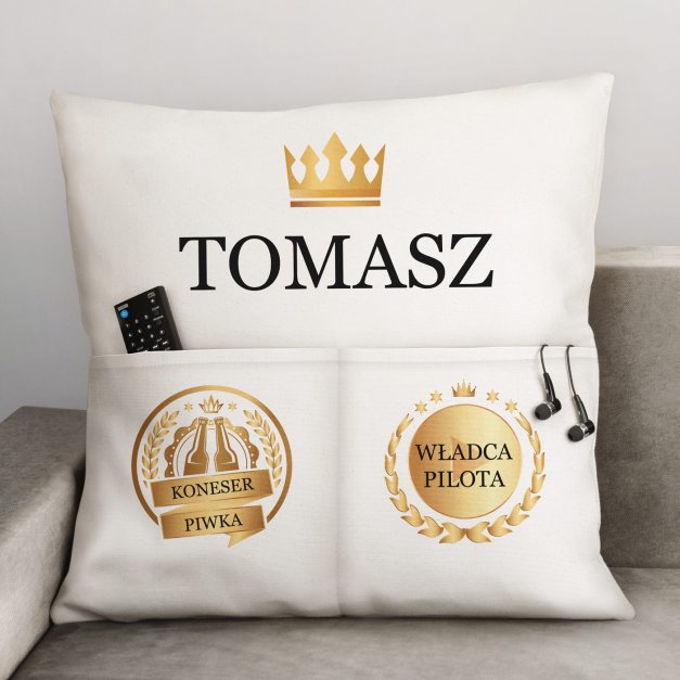 Poduszka z kieszeniami z nadrukiem dla piwosza na imieniny
