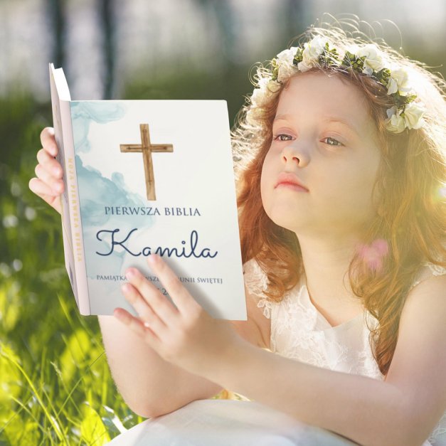 Biblia w etui z nadrukiem dla dziewczynki na komunię