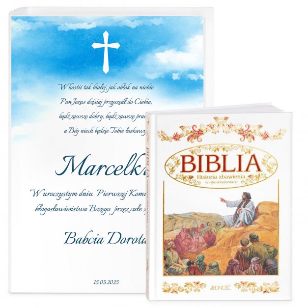 Biblia w etui z nadrukiem dla chłopca na komunię