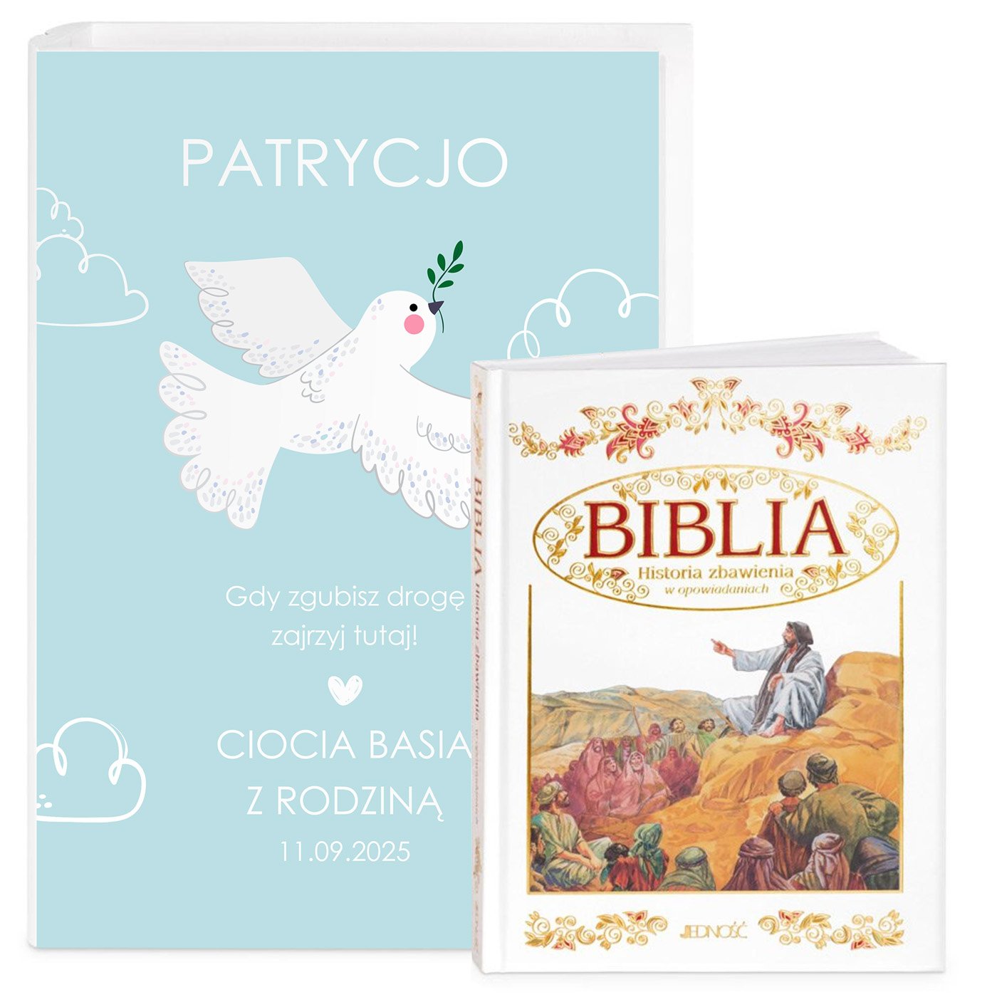Biblia w etui z nadrukiem dla dziewczynki na chrzest komuni