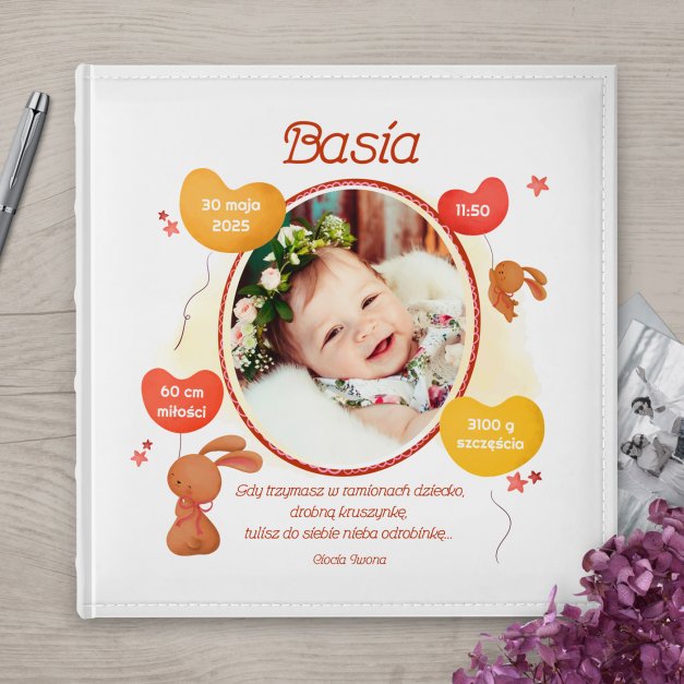 Duży album na zdjęcia z Twoim zdjęciem dla dziewczynki z okazji narodzin