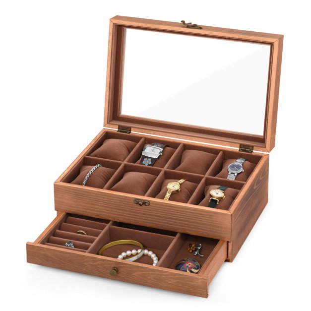 Drewniana szkatułka na biżuterię i zegarki z grawerem dla niej na imieniny