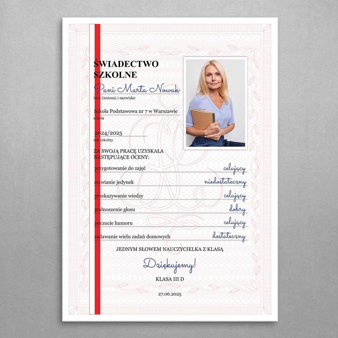 Plakat metalowy personalizowany L ze zdjciem dla nauczycielki wychowawczyni