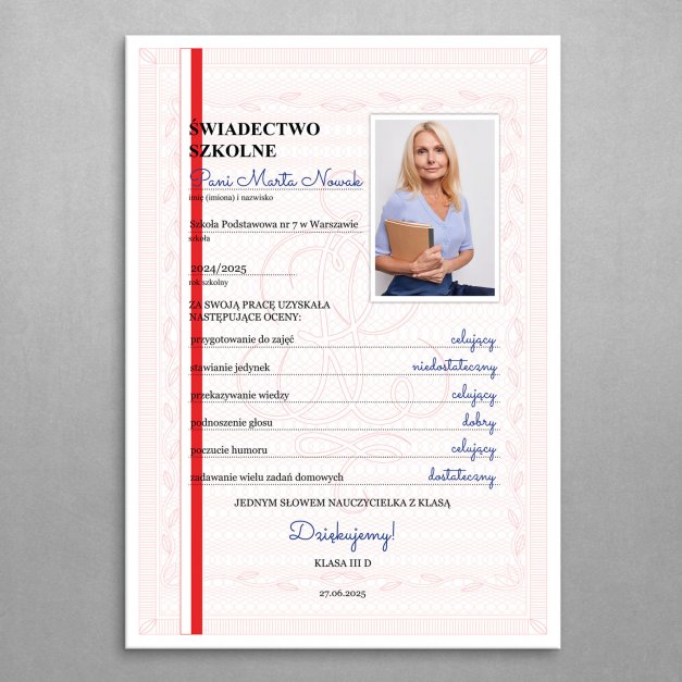 Plakat metalowy personalizowany M ze zdjęciem dla nauczycielki wychowawczyni