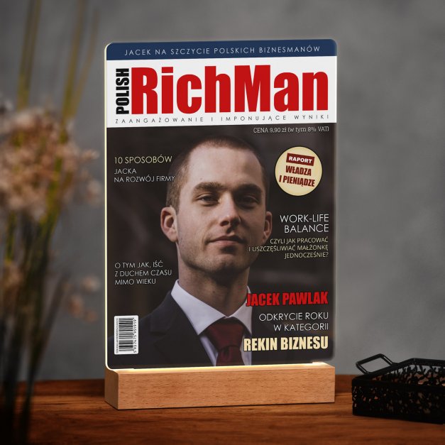Lampka ramka XL z wydrukiem Polish RitchMan na szkle akrylowym i podświetleniem LED dla niego z okazji awansu w pracy