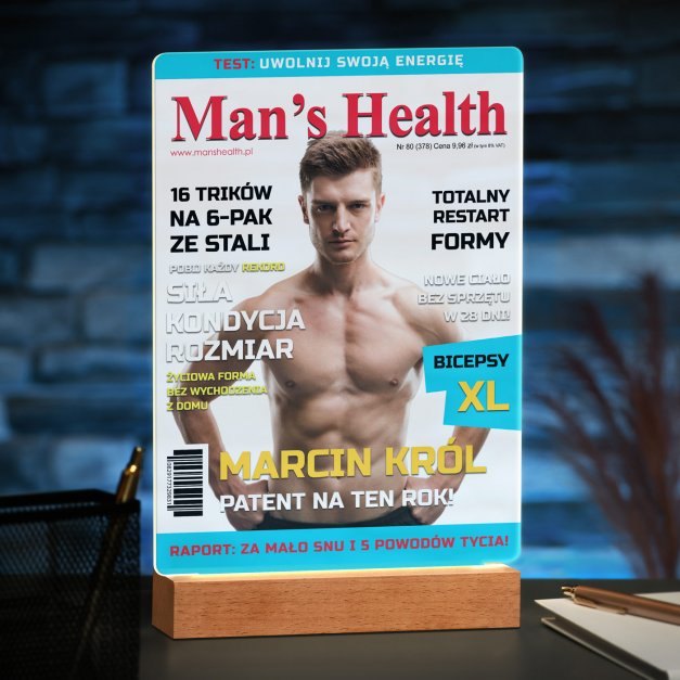 Lampka ramka XL z wydrukiem Man's Health na szkle akrylowym i podświetleniem LED dla kulturysty sportowca