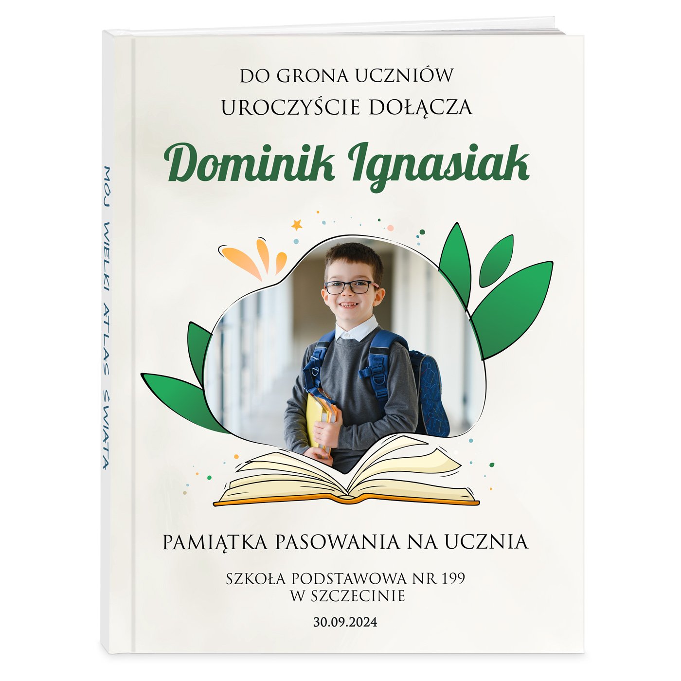 Atlas geograficzny z Twoim zdjciem dla chopca na pasowanie na ucznia
