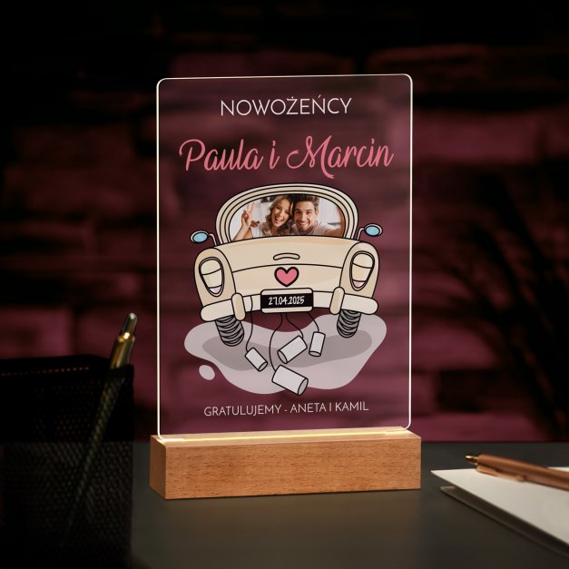 Lampka ramka L z wydrukiem na szkle akrylowym i podświetleniem LED dla pary na ślub rocznicę parapetówkę