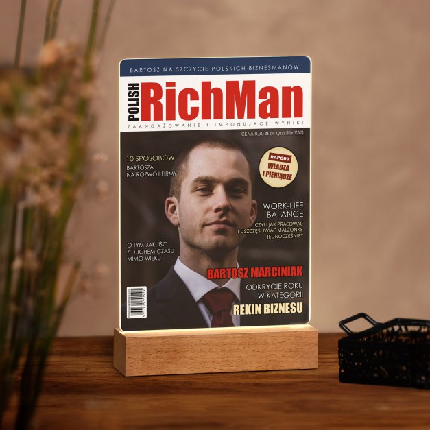 Lampka ramka L z wydrukiem Polish Rich Man na szkle akrylowym i podświetleniem LED dla męża z okazji awansu w pracy