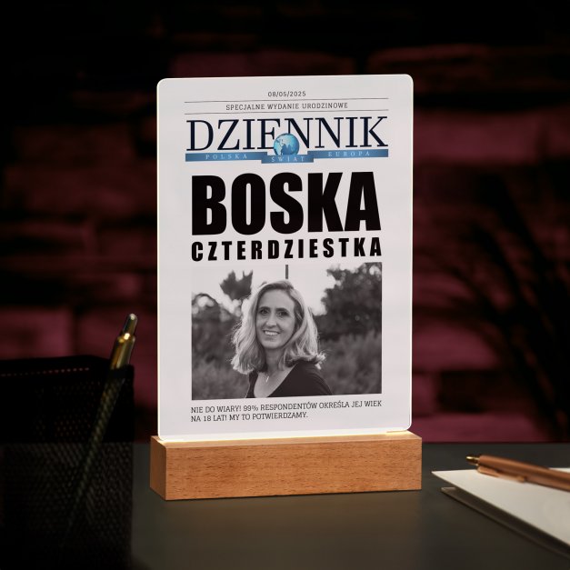 Lampka ramka L z wydrukiem Dziennik na szkle akrylowym i podświetleniem LED dla niej na 40 urodziny