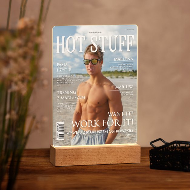 Lampka ramka L z wydrukiem Hot Stuff na szkle akrylowym i podświetleniem LED dla kulturysty sportowca trenera