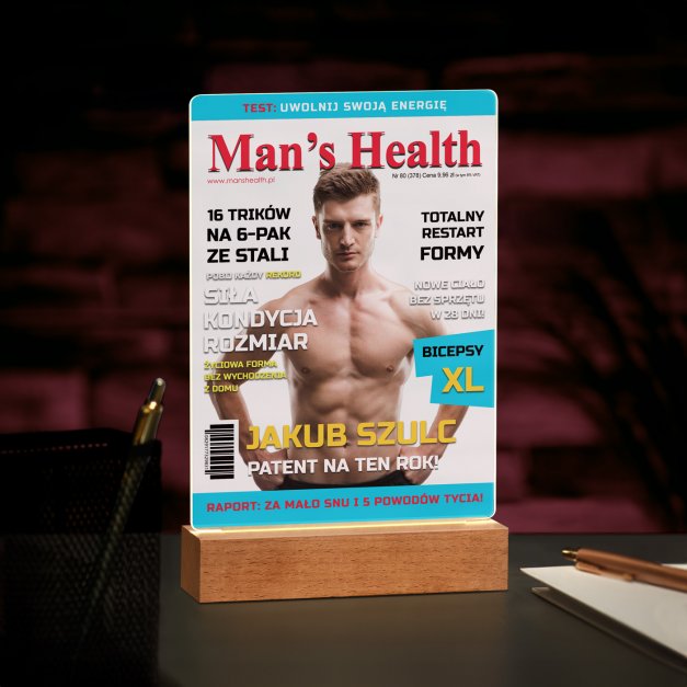 Lampka ramka L z wydrukiem Man's Health na szkle akrylowym i podświetleniem LED dla kulturysty sportowca trenera